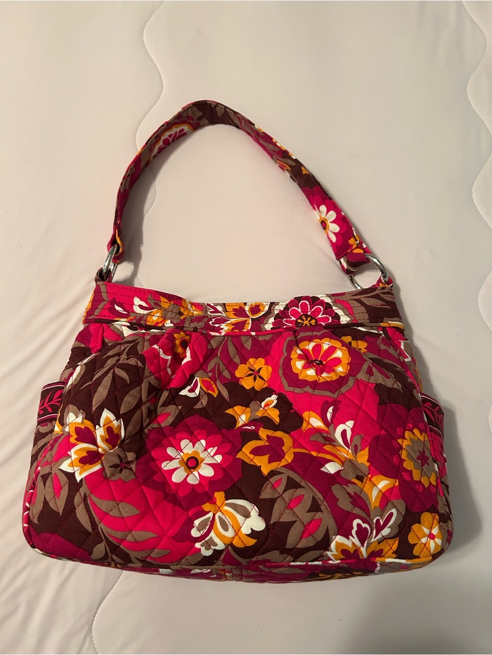 Vera Bradley Quilted Floral Shoulder Bag in Fuchsia and Brown magnetic closure